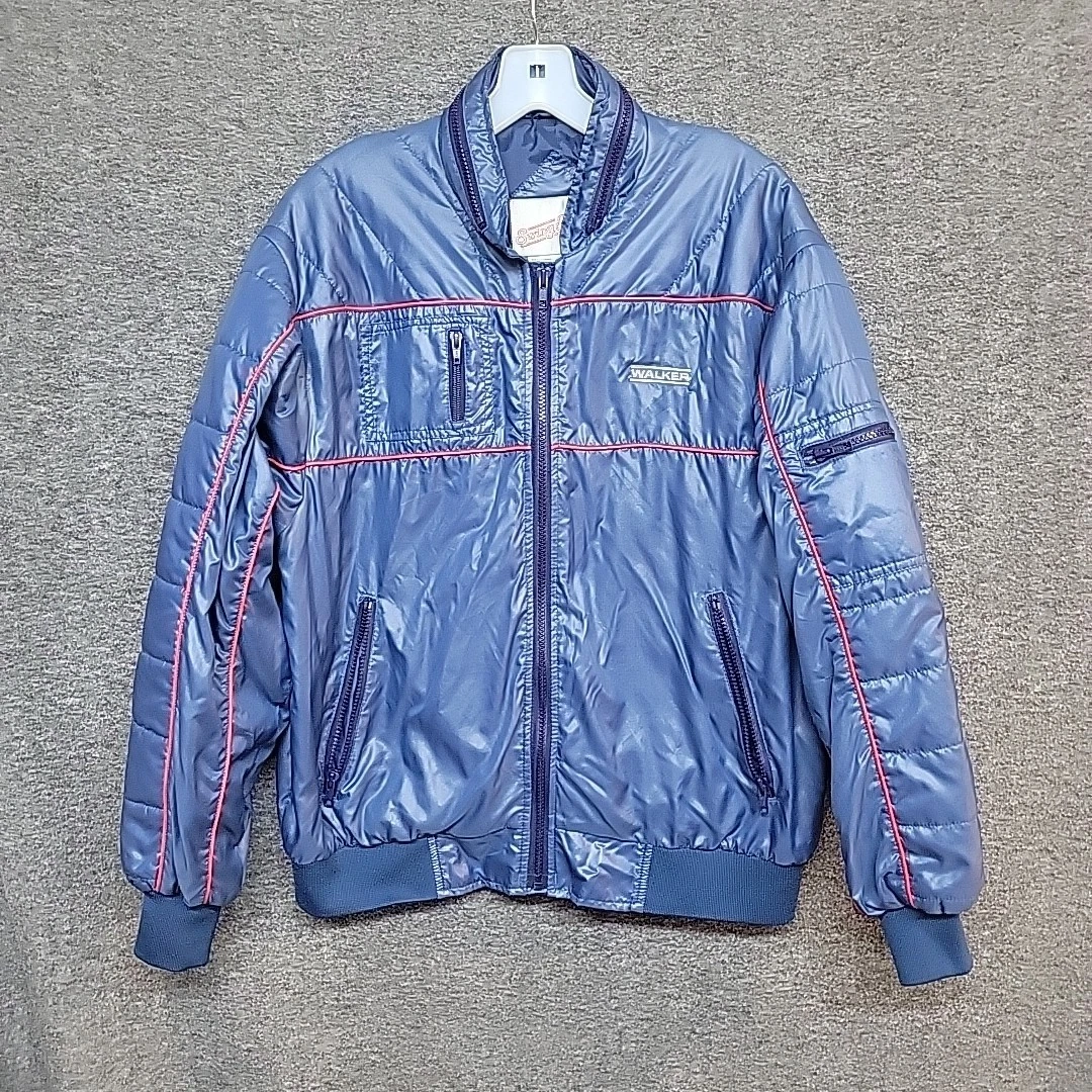 Swing Stream Mens Sz L Puffer Jacket Blue/W Red Piping~Racing Jacket USA 80s VTG