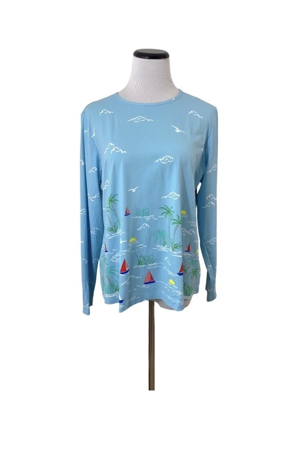 Lands End Rash Guard Athletic Swim Shirt Sz L Blue Beach Sailboat Palm Tree