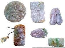 Lot of 6 Natural Rust Lavender Jade Carved 467ctw Floral Bird Amulet Loose Gems