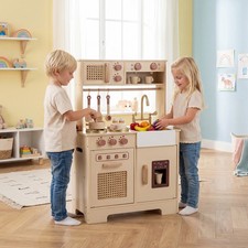 Image of Play Kitchen for Kids Wooden Kitchen Playset with Realistic Lights Yellow