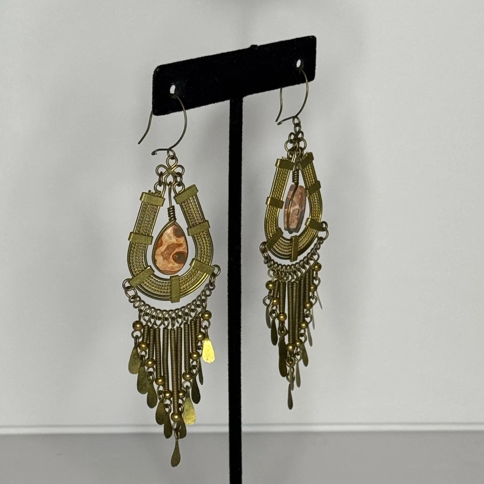 Egyptian Style Brass Earrings Paddle Fringe Leopardite Jasper Dangle Brass Tone - Image 3 of 4