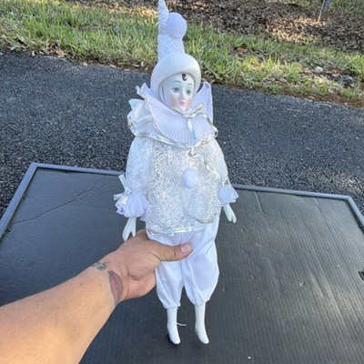 Porcelain Clown Figurine White Silver Costume Circus Theme Collectible Sculpture