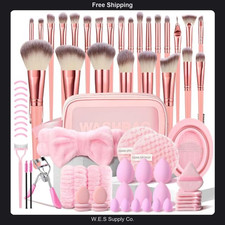 70Pcs Professional Makeup Brush Set with Case Pink Synthetic Bristles Kit