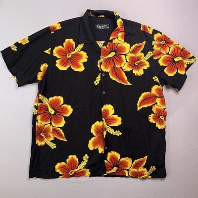 Vtg Favant Shirt Mens 2X-Large Black Orange Floral Hawaiian Aloha Button Up