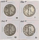 Lot of 4 Walking Liberty Half Dollars - 1919-P, 1936-P, 1941-P, 1947-P - 90%...