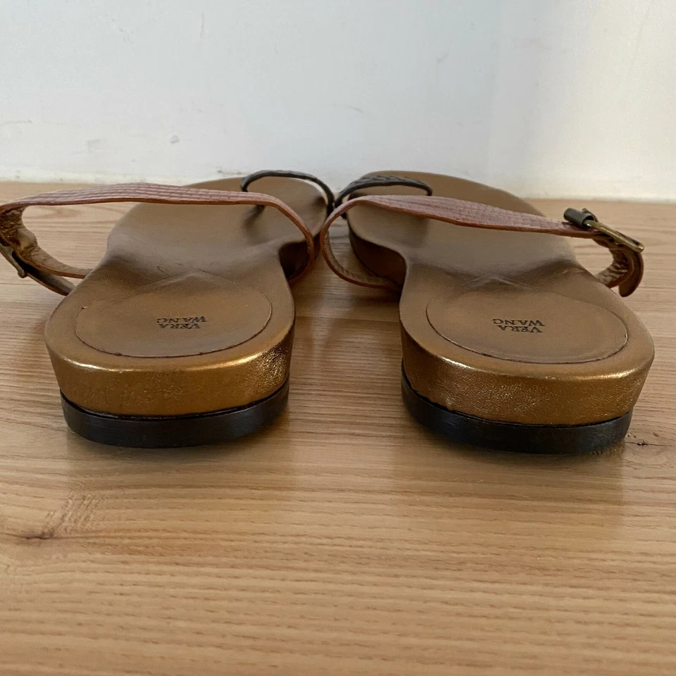 Vera Wang Brown Embossed Leather Toe Ring Slide Sandals Size 39 US 7 Made Italy - Image 4 of 4