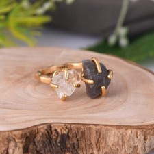 Double Stone Labradorite Gold Plated Adjustable Ring 925 Silver Engagement Ring