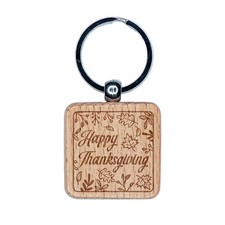 Happy Thanksgiving Fall Leaves Engraved Wood Square Keychain Tag Charm