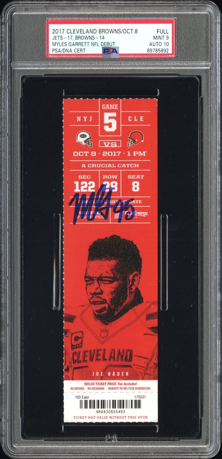 Myles Garrett Autographed Signed Cleveland Browns 2017 NFL Debut Ticket Browns Jets 10/8/17 PSA 9 Auto 10 