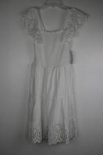 Women's Time and Tru Smocked Eyelet Dress White XS 0-2