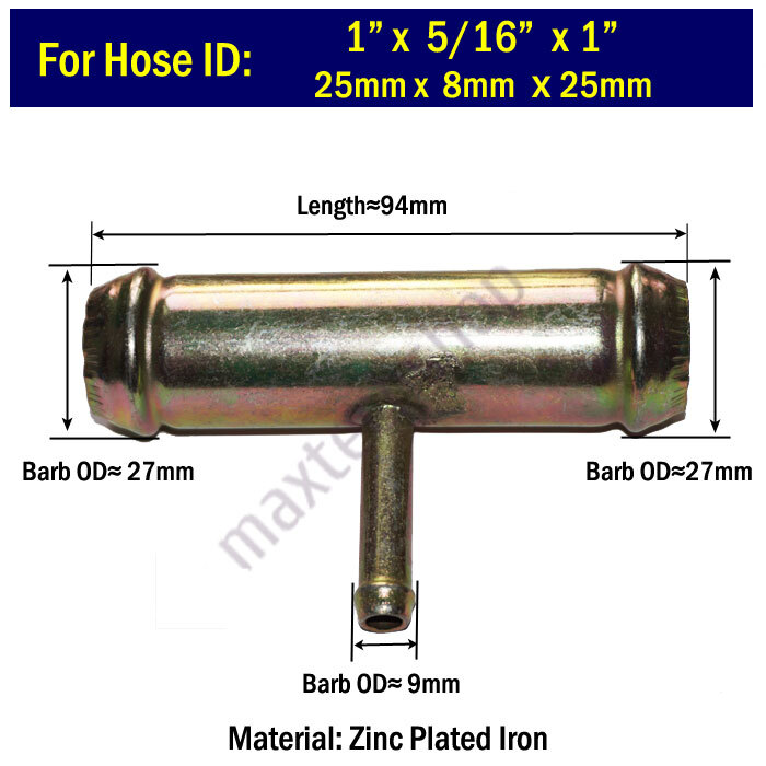 TEE 1" x 5/16" x 1" inch Heater Hose Fitting 25mm 8mm 25mm Connector