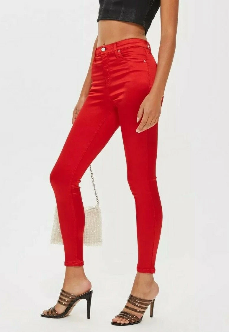 Brand New Women Ladies Topshop Red Sateen Jamie Jeans