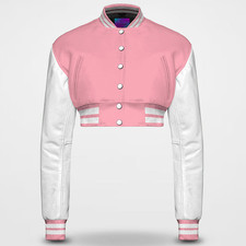 Cropped Lettermen Jacket for women baby pink wool & white cowhide leather sleeve