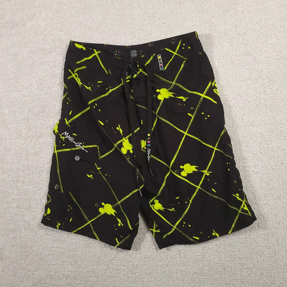 Maui and Sons Board Shorts Size 28 Swim Beach Black Green - Image 2 of 4