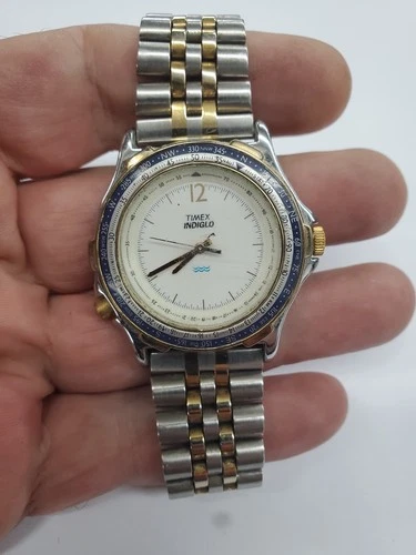 Vintage Timex Indiglo Quartz 376 MA Cell Two-Tone SS Watch -UNTESTED- AS IS