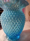 Fenton Blue Opalescent Hobnail 8" Vase – Double Crimped Ruffled - VTG Art Glass