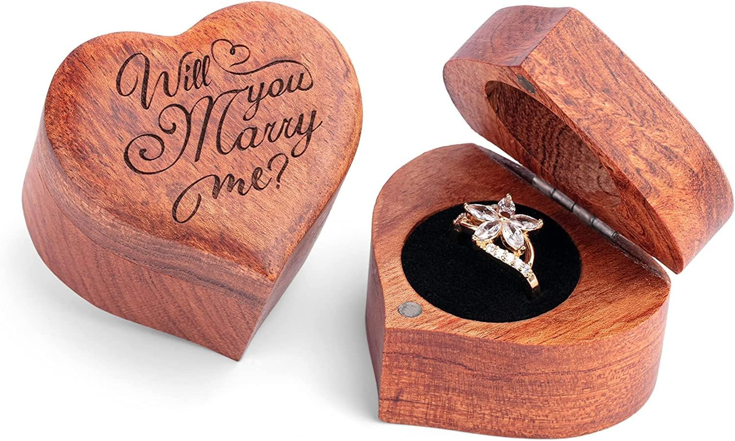 Handmade Wooden Heart Ring Box for Proposal Engagement Ring Holder with Soft Lining-image