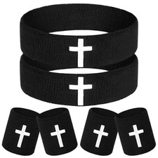 6 Pcs Sports Headband  Wristband Set Christian Headband Faith Cross Black