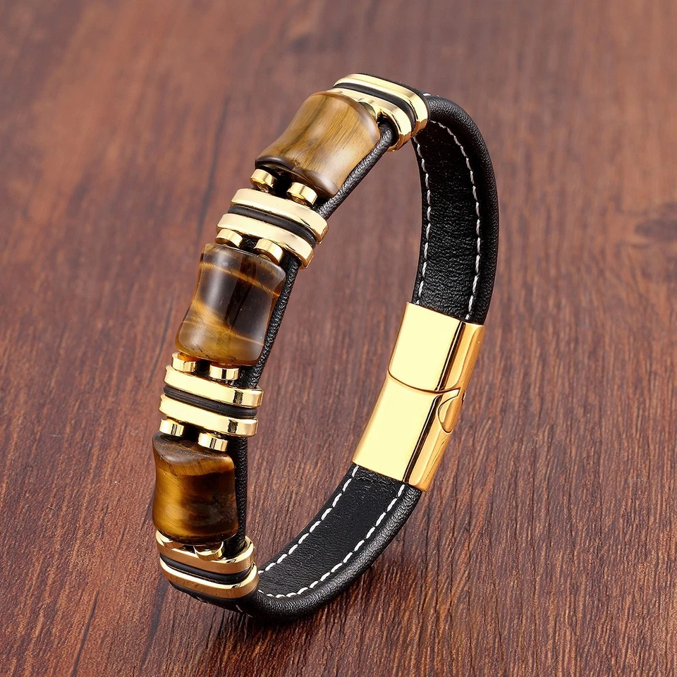Bracelet homme naturel en perles œil de tigre, corde en cuir noir, fermoir en... - Photo 2/4