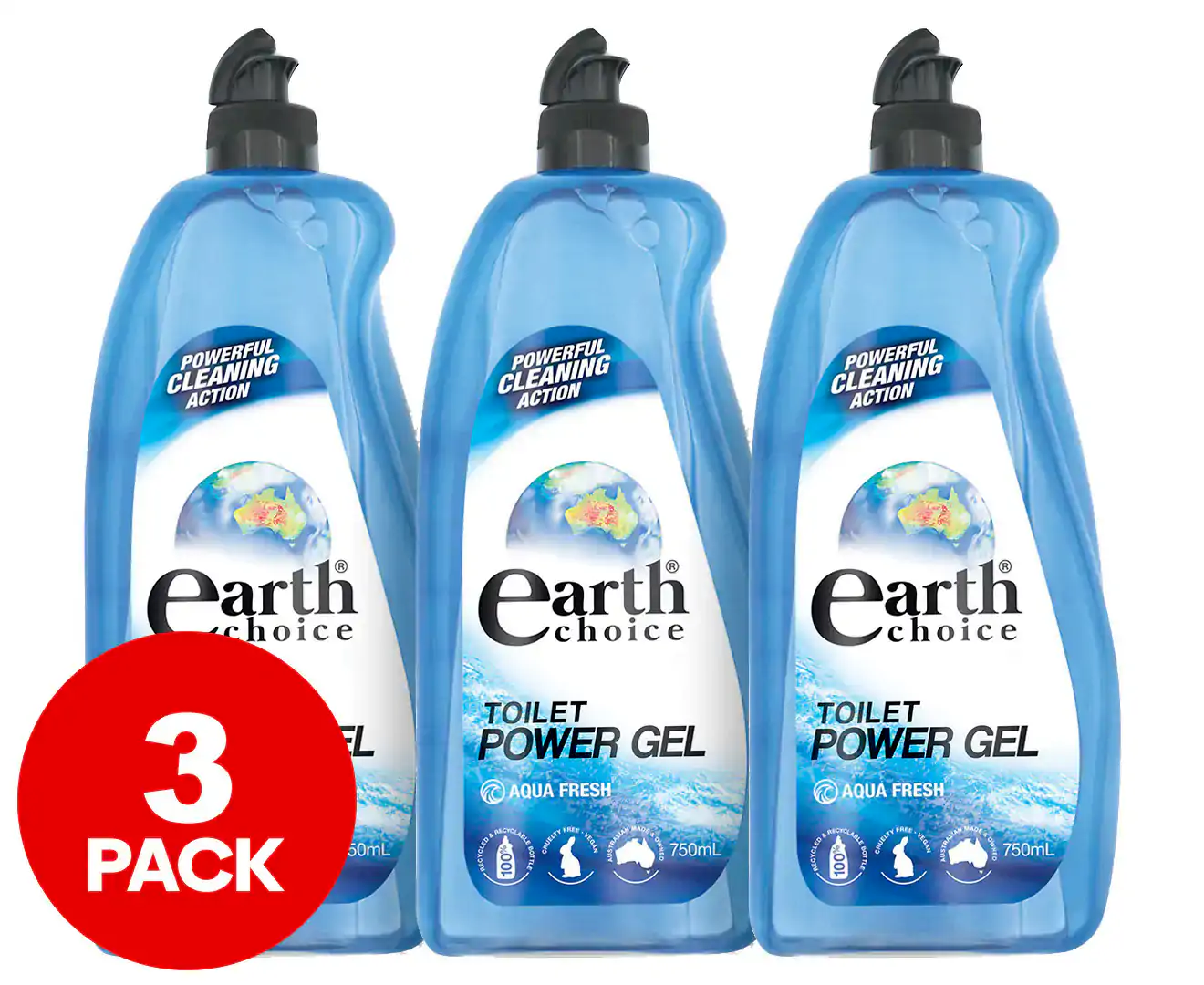 3 X 750Ml Earth Choice Toilet Power Gel Aqua Fresh Powerful cleaning