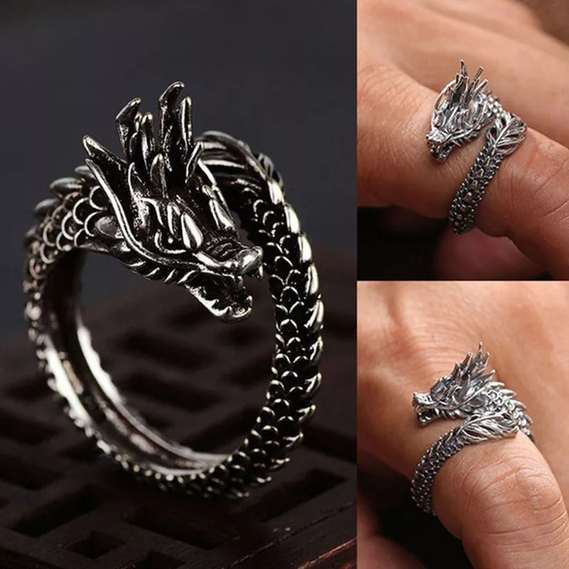 Unique Punk Vintage Dragon Ring Open Adjustable Carved Rings Men Jewelry CB