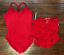 NWT Set RED Gilda Marx Ballet Leotard  Capezio Mesh Dance Skirt Adult L / XL