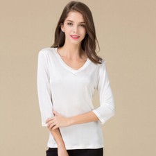 Womens Lady 100 Mulberry Silk Knitted V Neck T Shirt Undershirt 3/4 Long Sleeve