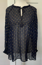 LUCKY BRAND Womens TOP Long Sleeve BLUE Gold STARS Smocked Size 1X