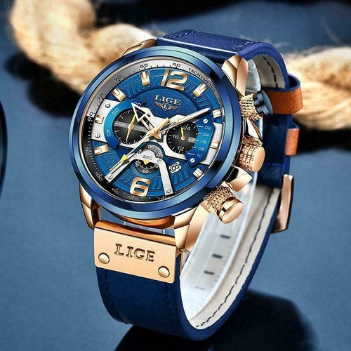 2021 Lige Orologi da uomo Top Brand Luxury Blue Leather Chronograph Sport  Watch | eBay