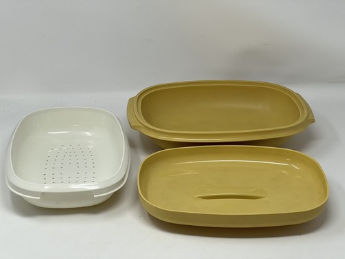 Vintage Tupperware #1273 Harvest Gold 3 Piece Vegetable/Rice Steamer Microwave - Picture 3 of 5