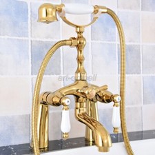Luxury Gold Brass Deck Mount Bathtub Clawfoot Bath Tub Faucet w/Handheld Shower
