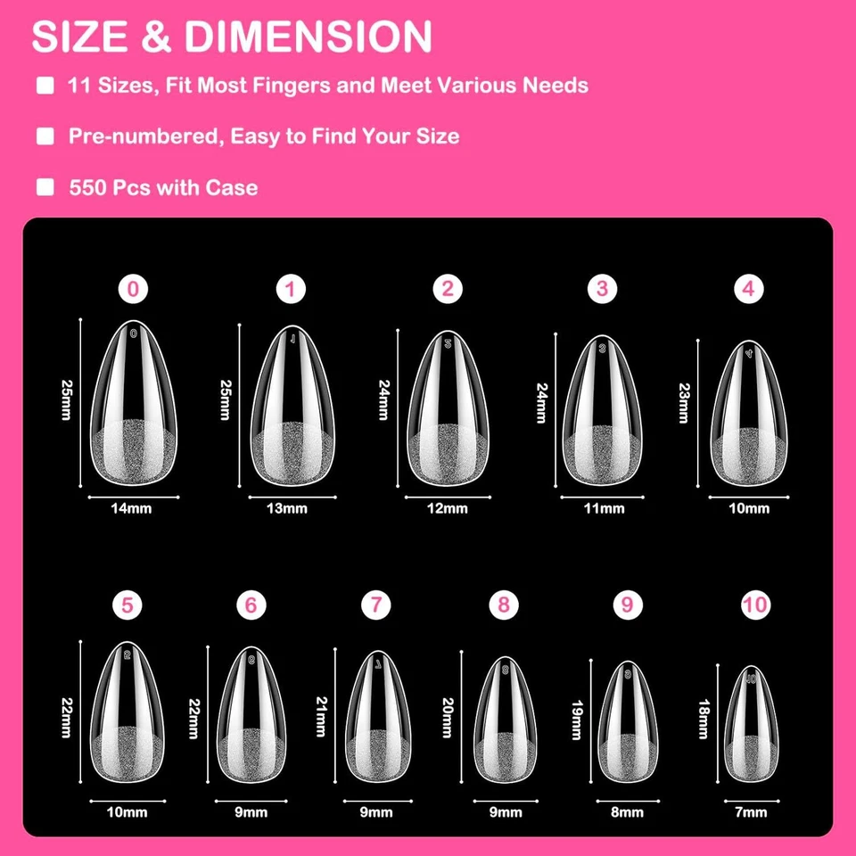 💚TIP TIPS UNGHIE FINTE 550 PEZZI NAIL ART MANDORLA RICOSTRUZIONE GEL 11 TAGLIE - Immagine 2 di 4