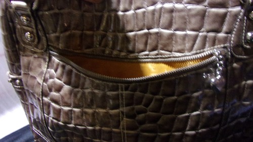 Kathy Van Zeeland  large beige/brown Patent Faux Croc-Embossed Bag with charms - Picture 11 of 12