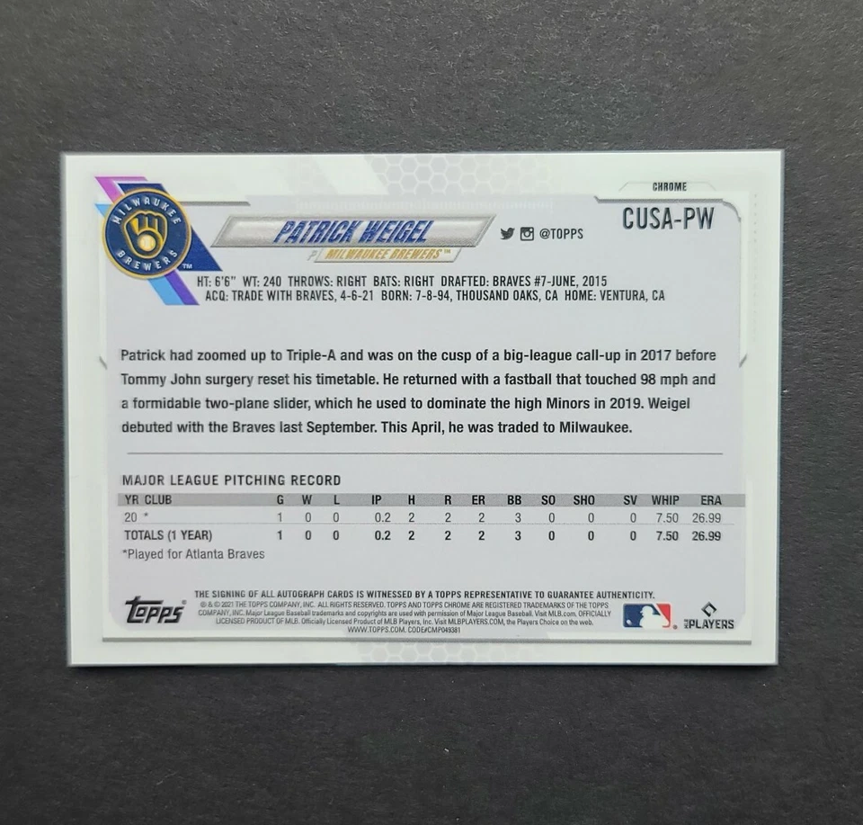 Patrick Weigel 2021 Topps Chrome Update Rookie Card RC AUTO Refractor #CUSA-PW - Image 2 of 2