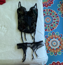 Frederick's of Hollywood Black Lace Corselette Garter Belt S Mesh Lace-Vintage