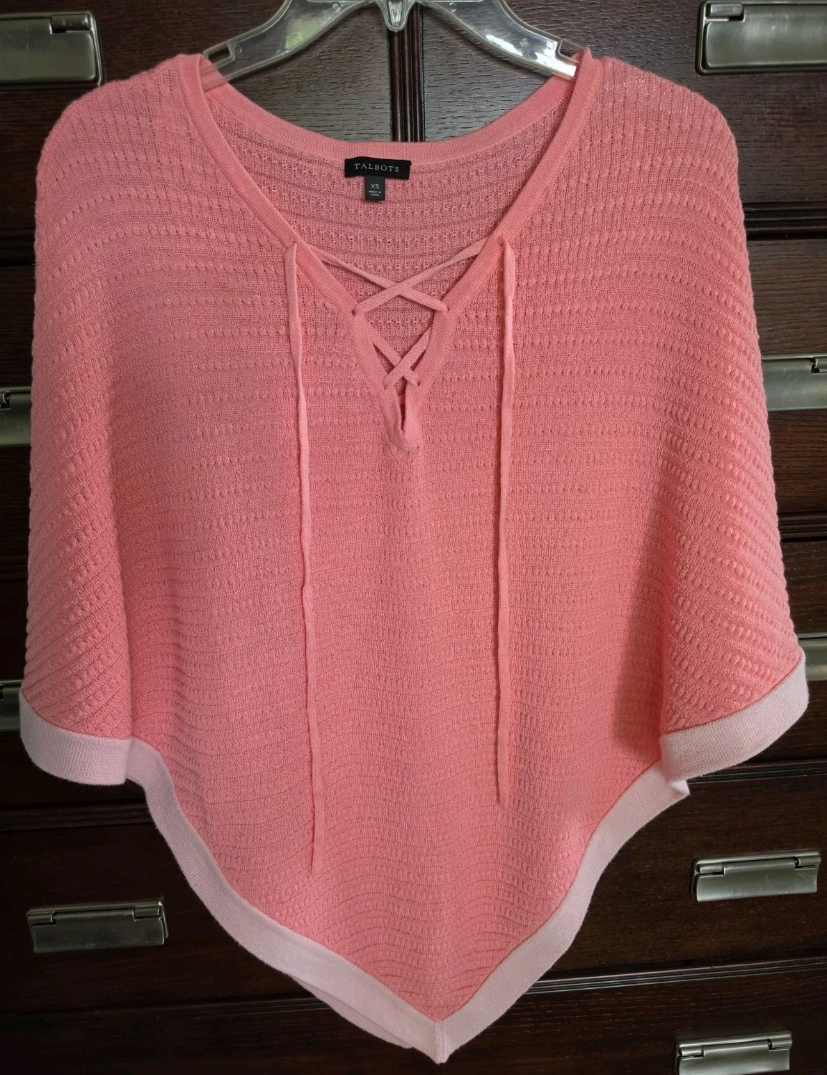 Talbots Poncho/Cape Sweater X-Small Two Tone Peach/Pink Cotton Knit Lace Up-NWOT