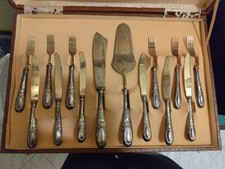 Antico Servizio Di Posate Per Dolce 6 +6 + 1 Paletta + 1 Tagliatorta Argento 800