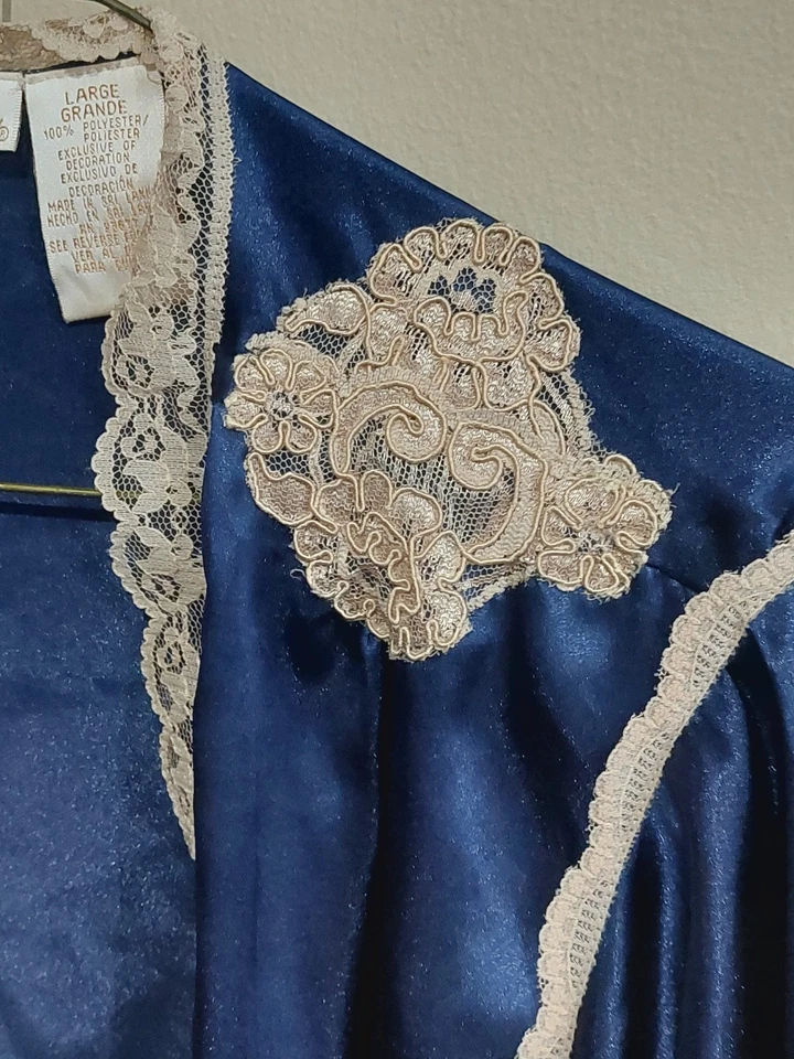 Chaqueta Delicada Abierta Satén Ribete Encaje Vintage L Kimono Azul Tostado Manga Mariposa Foto 2 de 4
