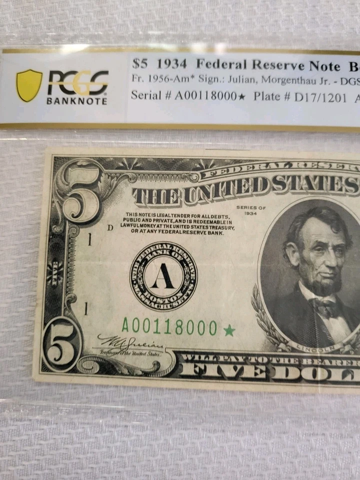  1934 $5 Federal Reserve BostonSTAR $5 Low# *A00118000 *choice PPQ45 PCGS  - Image 4 of 4