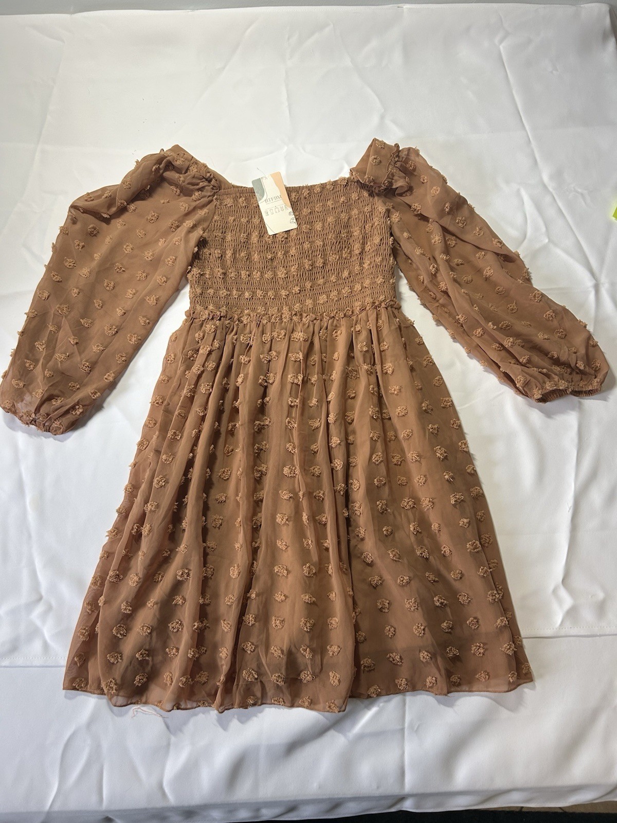 BTFBM Brown Smocked Fit & Flare Chiffon Dress Balloon Sleeve M