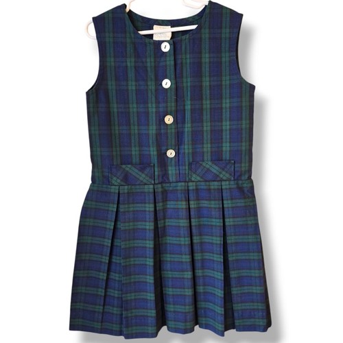 Vintage Cinderella Girl's Plaid Dress Size 8 1960's Navy Green Jumper Pleated