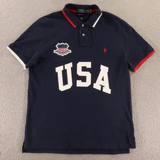 Polo Ralph Lauren Shirt Mens L Navy Blue Custom Slim Fit Team USA Flag Athletic