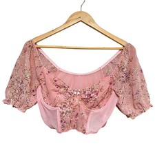 Floral Sheer Mesh Crop Top Puff Sleeve Coquette Milkmaid Corset Womens Size L