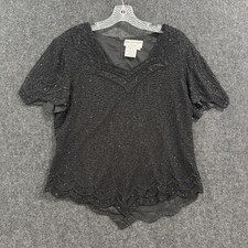 Papell Boutique Evening Top Women's Large Black Beaded 100 Silk Scallop Pads