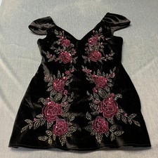 ASOS Design Women's Floral Dress Size 14 Black Mini Cap Sleeve Velvet Sequined