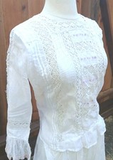 Vintage 1900s Victorian Summer Blouse White Light Cotton Lace Insert Long Sleeve
