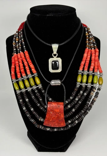 Lot 3 VTG Necklaces Costume Jewelry Silpada 925 Silver Coral Onyx Beads Cords