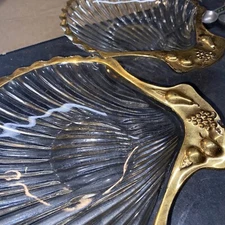 SER 2 Vintage Ribbed glass shell with gold leaf edge candy/nut dish Serving MCM