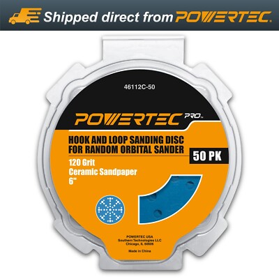 POWERTEC 5-Inch Hook and Loop Sanding Disc, 120 Grit Ceramic Sandpaper, 50 PK