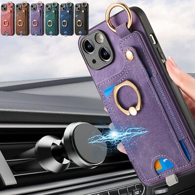 For iPhone 16 Pro Max 16 15 Magnetic Ring Stand Card Slot Shockproof Wallet Case